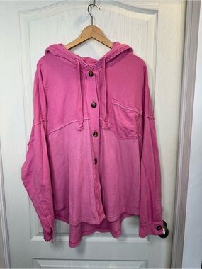 American Eagle AE Big Hug Hooded Shacket Pink L Loose Fit Waffle Texture